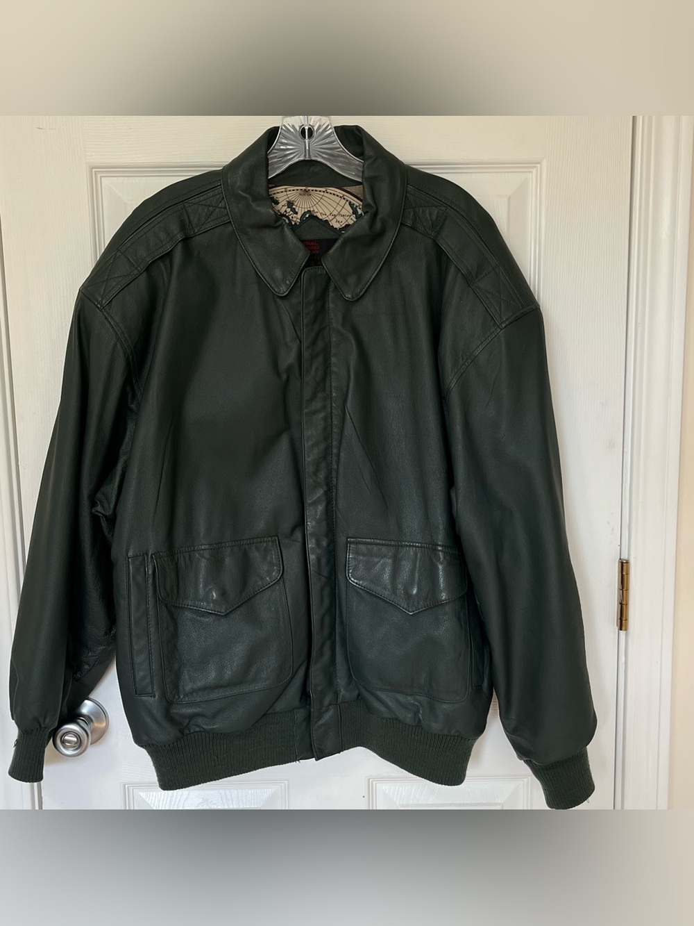 VTG General Clothing Company Green Leather Bomber Jacket World Map Lining Mens L